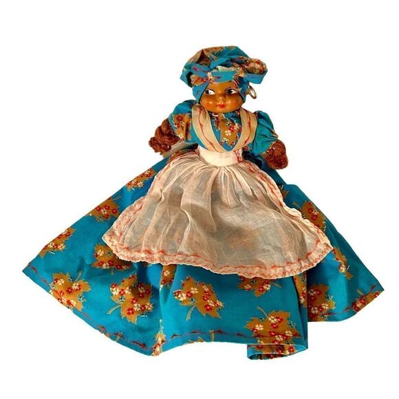 Vintage Hand Made Primitive Doll, Afro-Carribean Apron & Bandana W Gold Earrings - Picture 1 of 11